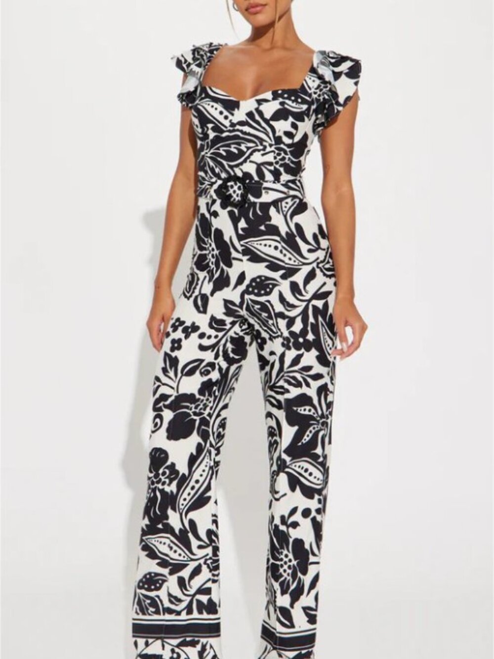 Fashion Nova Black and White Floral Pantsuit Back Criss Cross New M